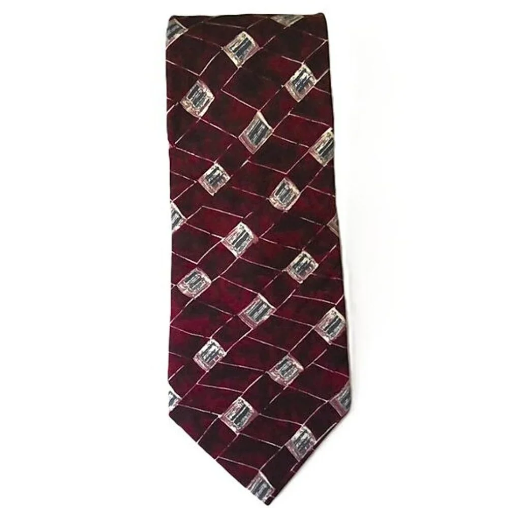 Vintage Savile Row Men's Neck Tie 100% Italian Silk Burgundy Cream & Gray EUC